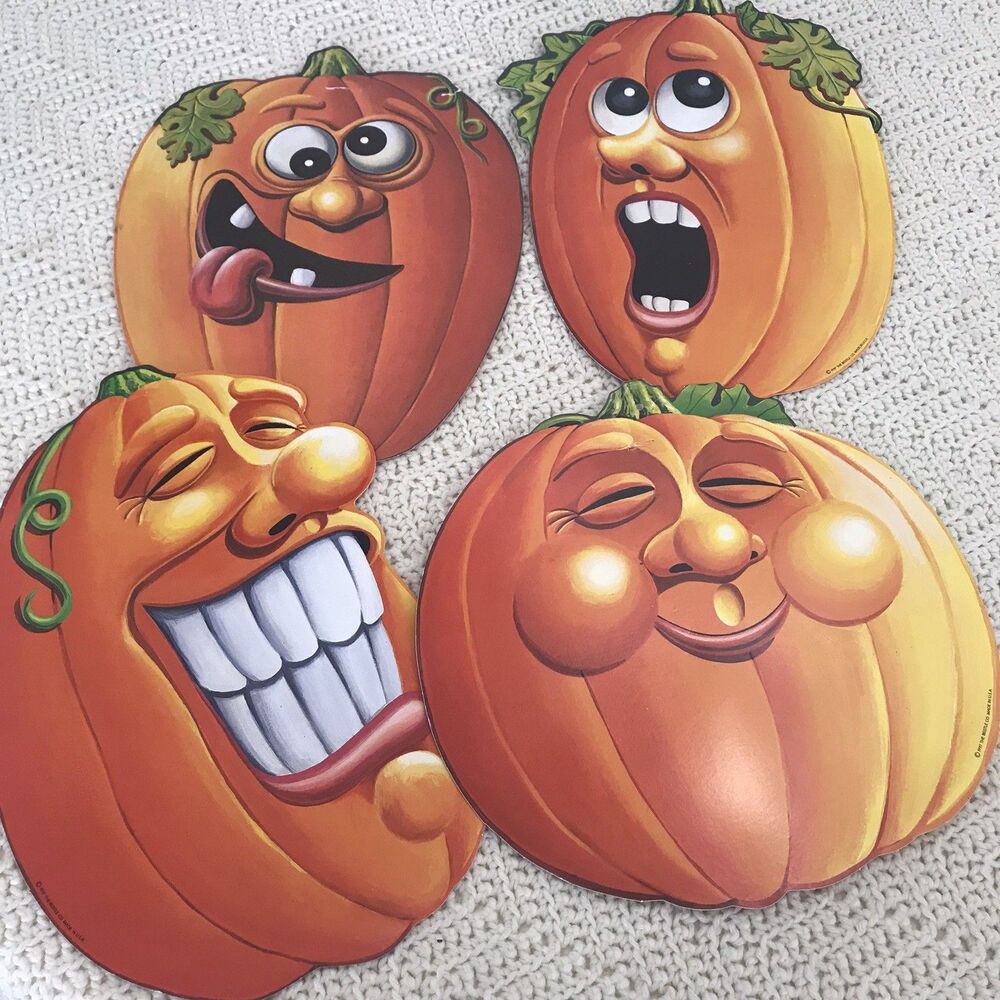 Vintage Beistle Halloween Pumpkin Funny Faces Set of 4 Double Sided '97 USA Made